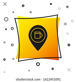 Black Alcohol or beer bar location icon isolated on white background. Symbol of drinking, pub, club, bar. Yellow square button. Vector Illustration
