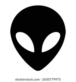 Cabeça alienígena preta com olhos grandes olhando atentamente para o espectador