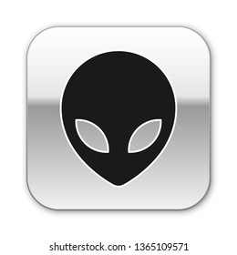Black Alien icon isolated on white background. Extraterrestrial alien face or head symbol. Silver square button. Vector Illustration