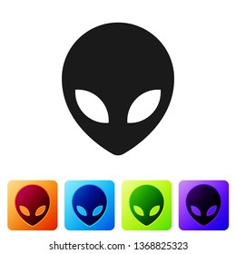 Black Alien icon isolated on white background. Extraterrestrial alien face or head symbol. Set icon in color square buttons. Vector Illustration