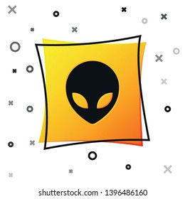 Black Alien icon isolated on white background. Extraterrestrial alien face or head symbol. Yellow square button. Vector Illustration