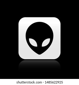 Black Alien icon isolated on black background. Extraterrestrial alien face or head symbol. Silver square button. Vector Illustration