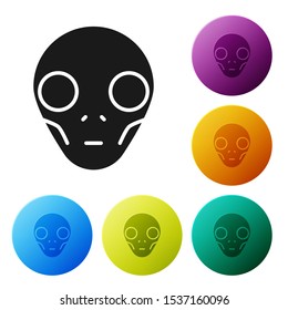 Black Alien icon isolated on white background. Extraterrestrial alien face or head symbol. Set icons colorful circle buttons. Vector Illustration