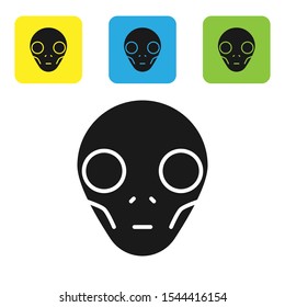 Black Alien icon isolated on white background. Extraterrestrial alien face or head symbol. Set of colorful square icon buttons. Vector Illustration