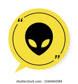Black Alien icon isolated on white background. Extraterrestrial alien face or head symbol. Yellow speech bubble symbol. Vector Illustration