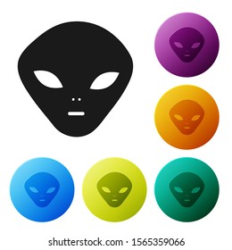 Black Alien icon isolated on white background. Extraterrestrial alien face or head symbol. Set icons colorful circle buttons. Vector Illustration