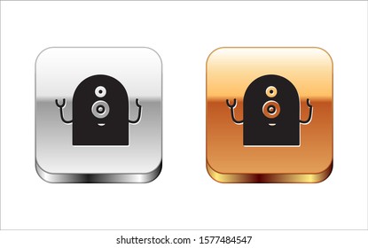Black Alien icon isolated on white background. Extraterrestrial alien face or head symbol. Silver-gold square button. Vector Illustration