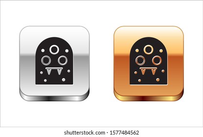 Black Alien icon isolated on white background. Extraterrestrial alien face or head symbol. Silver-gold square button. Vector Illustration