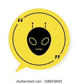 Black Alien icon isolated on white background. Extraterrestrial alien face or head symbol. Yellow speech bubble symbol. Vector Illustration