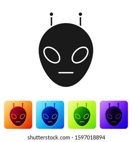 Black Alien icon isolated on white background. Extraterrestrial alien face or head symbol. Set icons in color square buttons. Vector Illustration