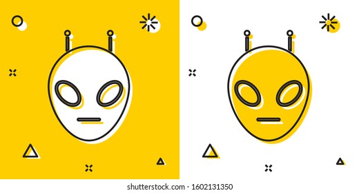 Black Alien icon isolated on yellow and white background. Extraterrestrial alien face or head symbol. Random dynamic shapes. Vector Illustration