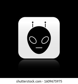 Black Alien icon isolated on black background. Extraterrestrial alien face or head symbol. Silver square button. Vector Illustration