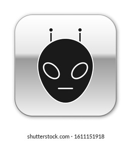 Black Alien icon isolated on white background. Extraterrestrial alien face or head symbol. Silver square button. Vector Illustration