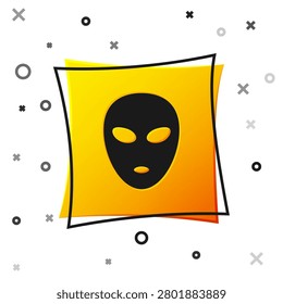 Black Alien icon isolated on white background. Extraterrestrial alien face or head symbol. Yellow square button. Vector