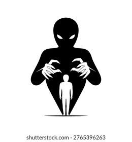 A black alien shadow figure with glowing eyes and sharp claws looms over a small white human silhouette, symbolizing fear and threat.