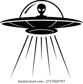 Negro Alien U F O con rayos y cabeza alienígena dentro del platillo volador