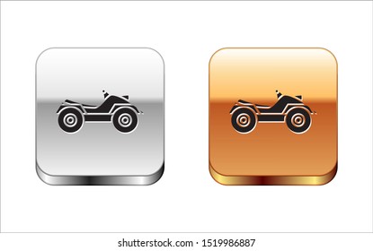 Black All Terrain Vehicle or ATV motorcycle icon isolated on white background. Quad bike. Extreme sport. Silver-gold square button. Vector Illustration