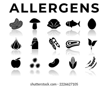 Black Allergens Icon Set With Reflection. Peanuts, Mushroom, Shellfish, Fish, Egg, Garlic, Milk, Soy Red Meat, Celery, Fruit, Seed, Legume And Corn Gluten Food Allergy Icons