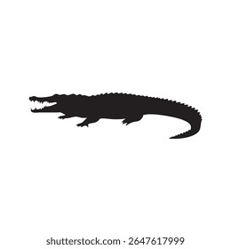 Uma silhueta de jacaré preto é apresentada contra um fundo branco. O estilo silhueta destaca a forma distinta do réptil.