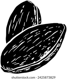 black almond silhouette or flat nut illustration of organic logo food for seed with group icon and leaves shape leaf as plant to tree