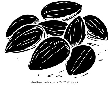 black almond silhouette or flat nut illustration of organic logo food for seed with group icon and leaves shape leaf as plant to tree