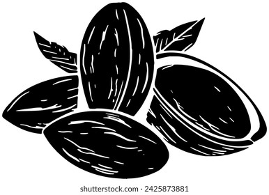 silueta de almendra negra o ilustración de tuerca plana de alimentos con logotipo orgánico para semilla con icono de grupo y hojas de forma de hoja como planta a árbol
