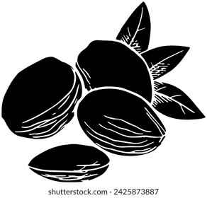 black almond silhouette or flat nut illustration of organic logo food for seed with group icon and leaves shape leaf as plant to tree