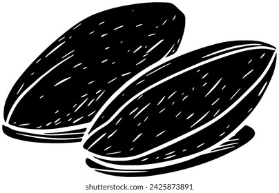 Schwarze Mandelsilhouette oder flache Nuss-Illustration von Bio-Logo-Lebensmittel für Samen mit Gruppensymbol und Blättern Form Blatt als Pflanze zum Baum