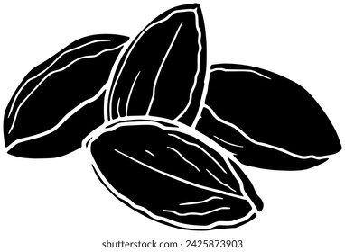 black almond silhouette or flat nut illustration of organic logo food for seed with group icon and leaves shape leaf as plant to tree