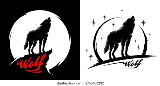 Schwarzer Alpha-Männchen-Alleinwolf mit Vollmond-Silhouette. Wildes Tier auf nachts Grafik Design Illustration. Line Art Wölfe Vektorset.
