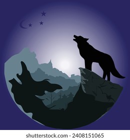 Schwarzer Alpha-Männchen-Alleinwolf mit Vollmond-Silhouette. Wildes Tier auf nachts Grafik Design Illustration. Moon Clip Art Wolf Silhouette Wolf Howling auf dem Mond Silhouette.