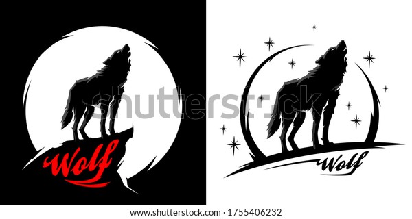 Black alpha male lone wolf with full moon\
silhouette. Wild animal at night graphic design illustration. Line\
art style wolves vector\
set.
