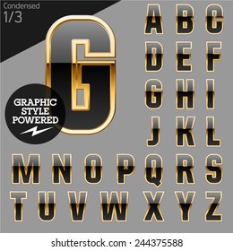 Black Alphabet With Golden Border. Condensed. File Contains Graphic Styles Available In Illustrator. Set 1
