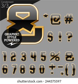 Black alphabet with golden border. Condensed. File contains graphic styles available in Illustrator. Set 3