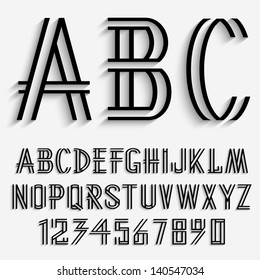 Black alphabet letters and numbers with shadow. Vector set