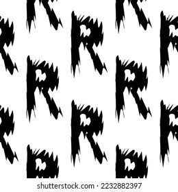Black  alphabet letters R on white background. Seamless abstract vector geometric pattern. Perfect for gift wrapping paper,  Bed sheets and interior. School and learning theme. 