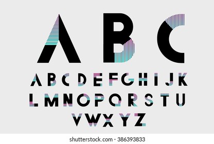 Black alphabetic fonts and numbers with color lines. Vector illustration.
