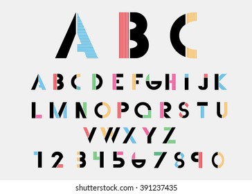 Black alphabetic fonts and numbers with color lines. Vector illustration.