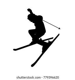 Black alpine skier`s silhouette isolated on white background. Art vector illustration.