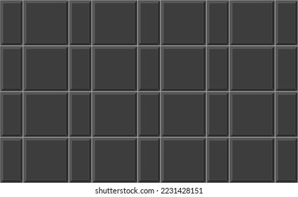 Black alternating tile background. Stone or ceramic brick wall surface. Kitchen backsplash texture. Bathroom, shower or toilet floor decoration. Sidewalk layout. Vector flat illustration