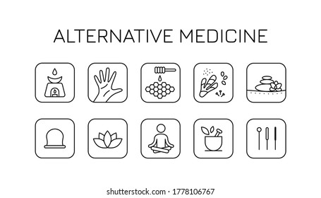 black alternative medicine icons set. concept of body and soul care, reflexology, reiki methodology, energy flower, tibetan beauty procedure. minimal linear design. simple signs on white background