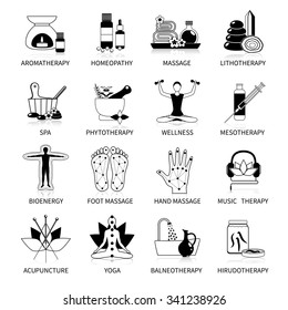 Black alternative medicine icons set of phytotherapy yoga bioenergy spa homeopathy  symbols   flat isolated vector illustration