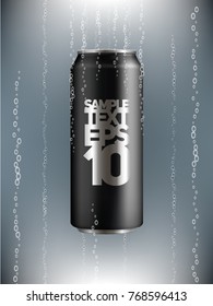 black Aluminum can with drink in liquid with bubbles of gas on background with backlight