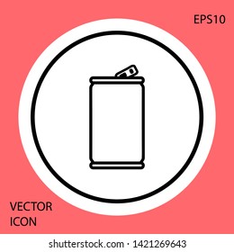 Black Aluminum can icon isolated on red background. White circle button. Vector Illustration