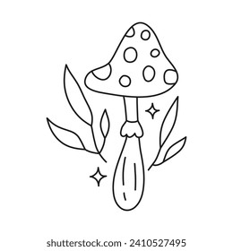 Black Amanita fly agaric mushroom with leaves and stars isolated on white background. Magical boho hand drawn fungus clipart. Mystic vector illustration.