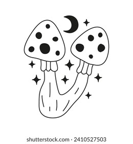 Black Amanita fly agaric mushroom with moon and stars isolated on white background. Magical boho hand drawn fungus clipart. Mystic vector illustration.