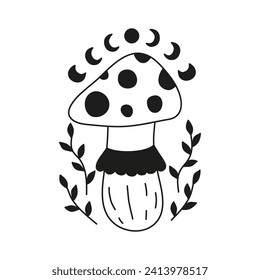 Black Amanita fly agaric mushroom with moon phases and leaves isolated on white background. Magical boho hand drawn fungus clipart. Mystic vector illustration.