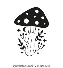 Black Amanita fly agaric mushroom with leaves, moon and stars isolated on white background. Magical boho hand drawn fungus clipart. Mystic vector illustration.