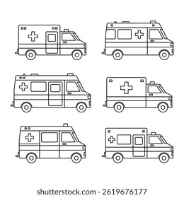 Black Ambulance cars collection line icon, simple emergency medical service vehicle flat design infographic element for app ui ux web button, interface pictogram elements isolated on white background