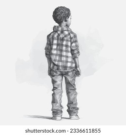Black American Boy, Back view, Sketch, Vector